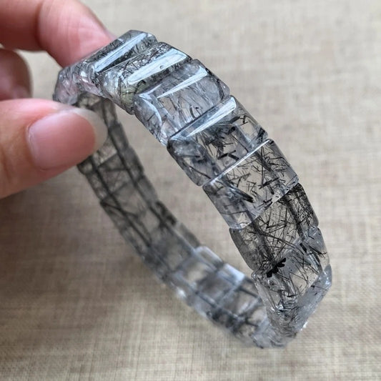 Natural Black Rutilated Quartz Gemstone Bracelet Bangle 16x12mm