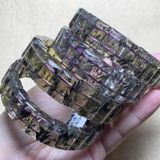 Natural Cacoxenite Purple Gold Rutilated Quartz Gemstone Bracelet, Bead Sizes 16x12mm