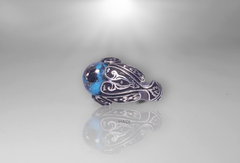 Men Signet Ring - 14k White-Gold Plated Natural Morenci Pyrite Turquoise aka Feroze Engraved Sterling Silver Ring