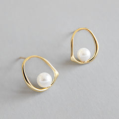 Geometric Round Shell Pearl Studs Earrings - Gold-Plated Silver Pearl Earrings for women - Perfect Pearl Earrings with Gift Wrapping Included