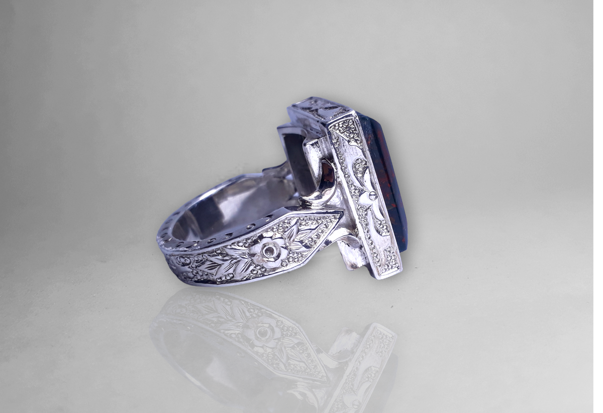 HandCrafted Natural Heliotrope aka Blood Stone  Ring  Sterling Silver - Perfect Gift for HIM