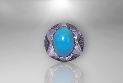 Men Signet Ring - Natural Turquoise aka Feroze Gemstone Engraved Ring  Sterling Silver - Perfect Gift for HIM - 14k White-Gold Plated