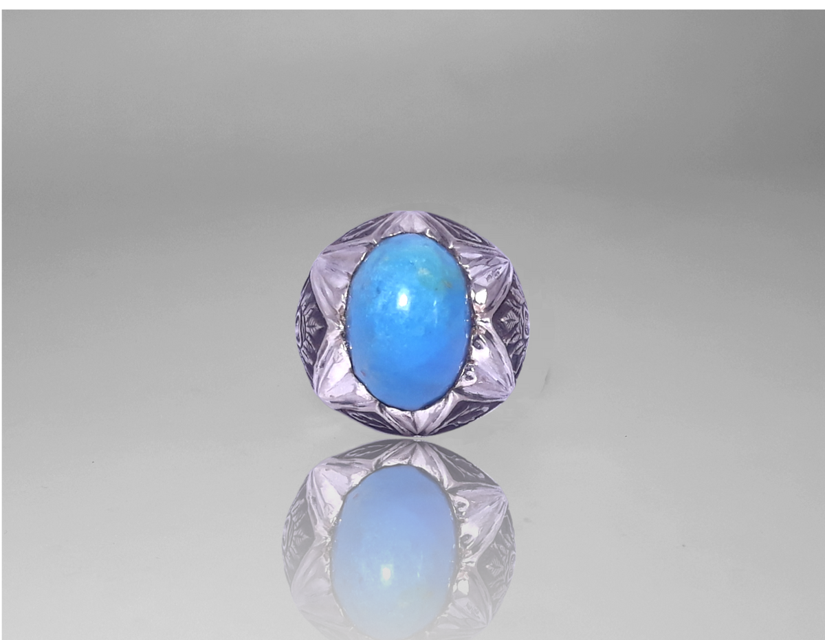Men Signet Ring - Natural Turquoise aka Feroze Gemstone Engraved Ring  Sterling Silver - Perfect Gift for HIM - 14k White-Gold Plated