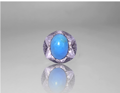 Men Signet Ring - Natural Turquoise aka Feroze Gemstone Engraved Ring  Sterling Silver - Perfect Gift for HIM - 14k White-Gold Plated