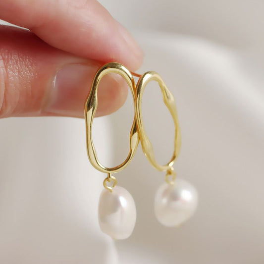 Office Irregular Baroque Natural Pearl Dangling Earrings - Gold-Plated Silver Pearl Earrings for women - Perfect Pearl Earrings with Gift Wrapping Included